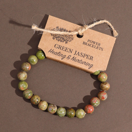 Power Bracelet – Green Jasper pulsera artesanal con cuentas de jaspe verde natural y etiqueta kraft