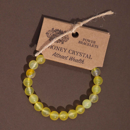 Alt Tag: Power Bracelet – Honey Crystal pulsera de cuentas amarillas de cristal miel natural con etiqueta de producto, hecha a mano