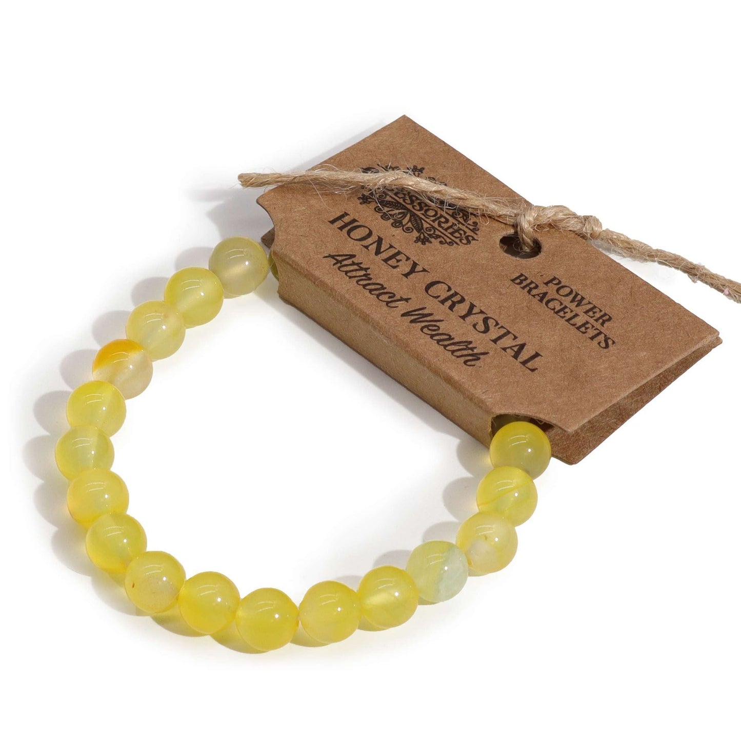Alt Tag: Power Bracelet – Honey Crystal pulsera de cuentas de cristal miel amarillo con etiqueta kraft, joyería artesanal de piedras naturales