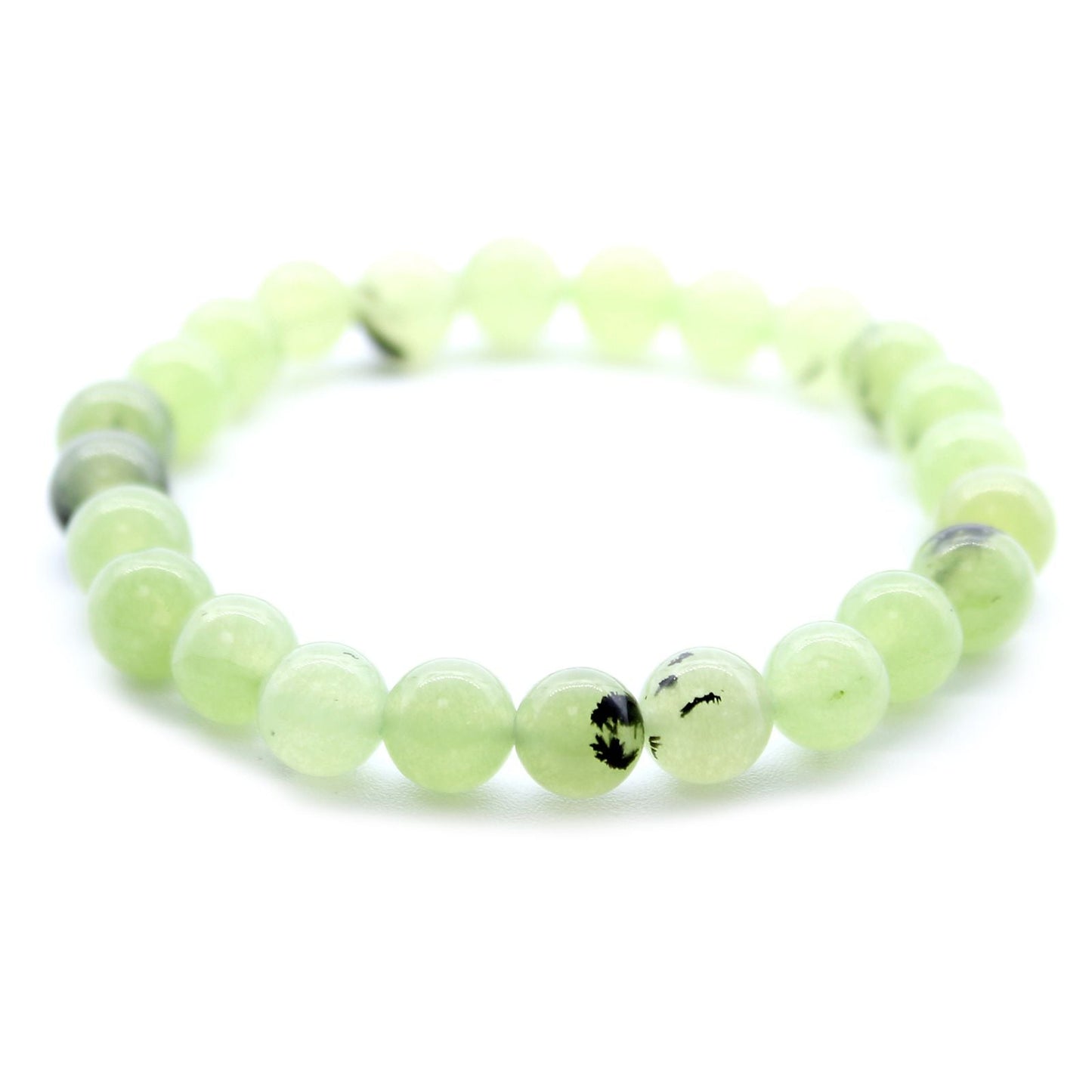 Alt Tag: Power Bracelet - Jade pulsera de cuentas de jade verde claro pulido con cordón elástico, vista frontal sobre fondo blanco