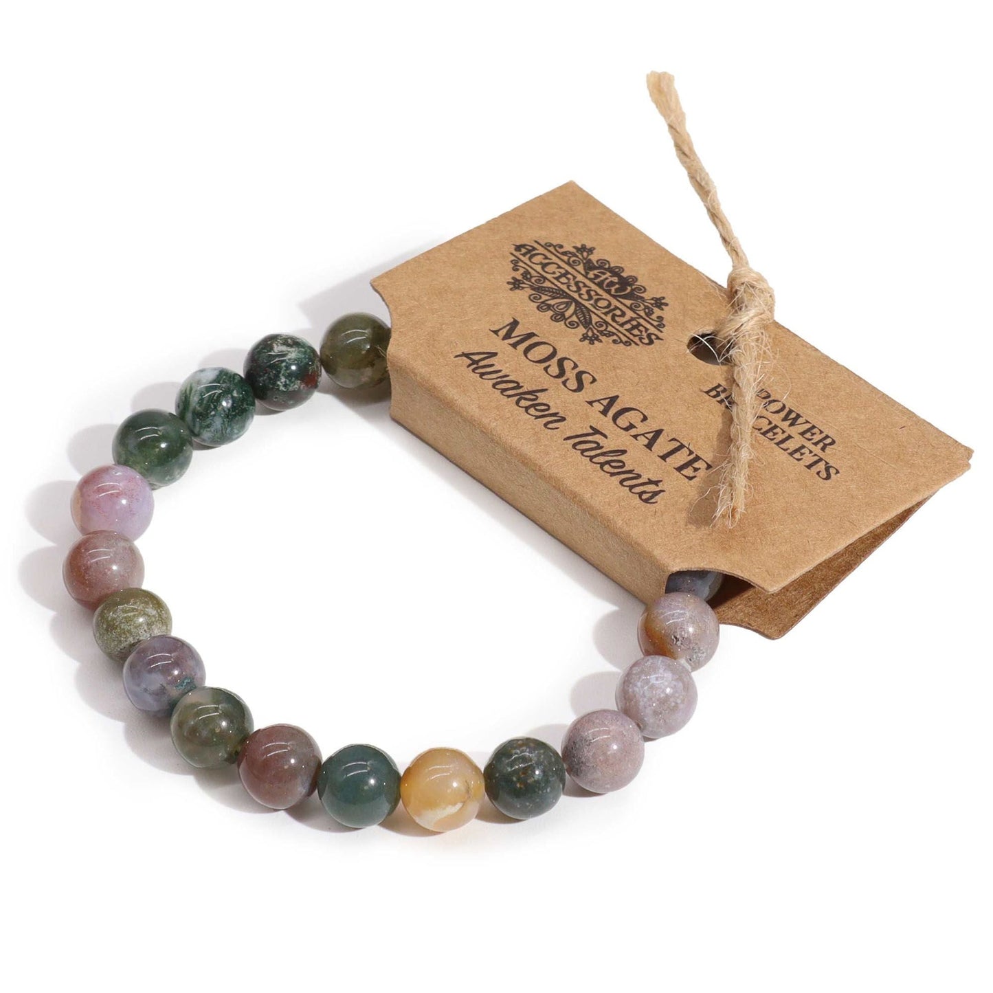 Alt-tag: Power Bracelet – armband med pärlor av ädelstenen mossagat, med flerfärgade runda stenar och kraftetikett märkt “Moss Agate”