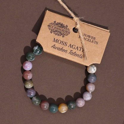 Alt Tag: Power Bracelet - Moss Agate handgjort armband med äkta multicolor mossagatpärlor, med etiketten "Moss Agate"