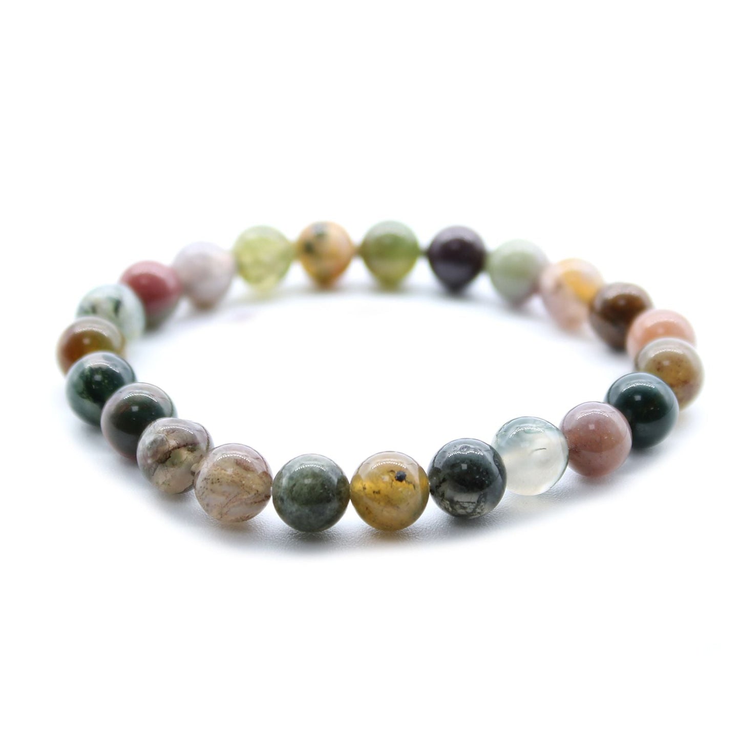 Alt Tag: Power Bracelet - armband med pärlor av mossagat-ädelsten i naturliga gröna och jordnära toner, handgjort stretcharmband på vit bakgrund