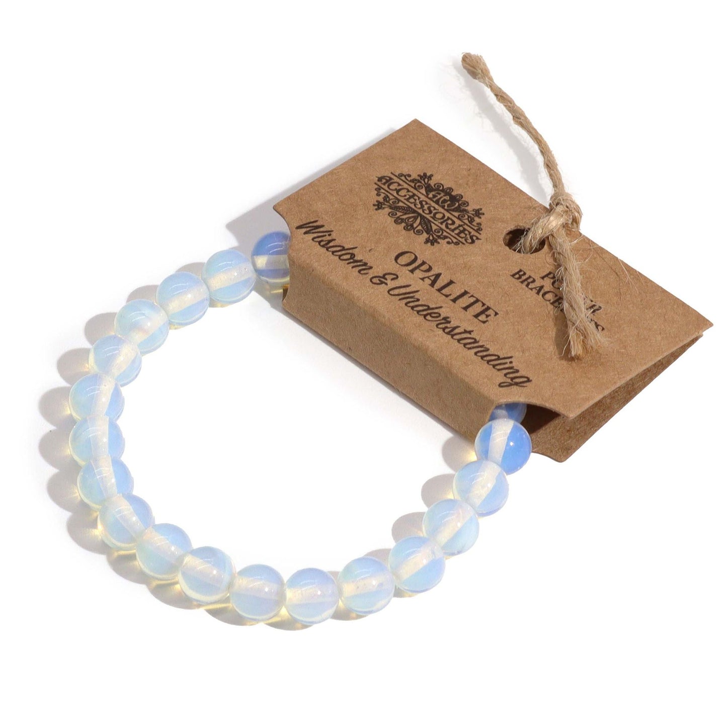 Alt Tag: Power Bracelet - Opalite pulsera artesanal de cuentas de opalita iridiscente con etiqueta colgante "Opalite" sobre fondo blanco