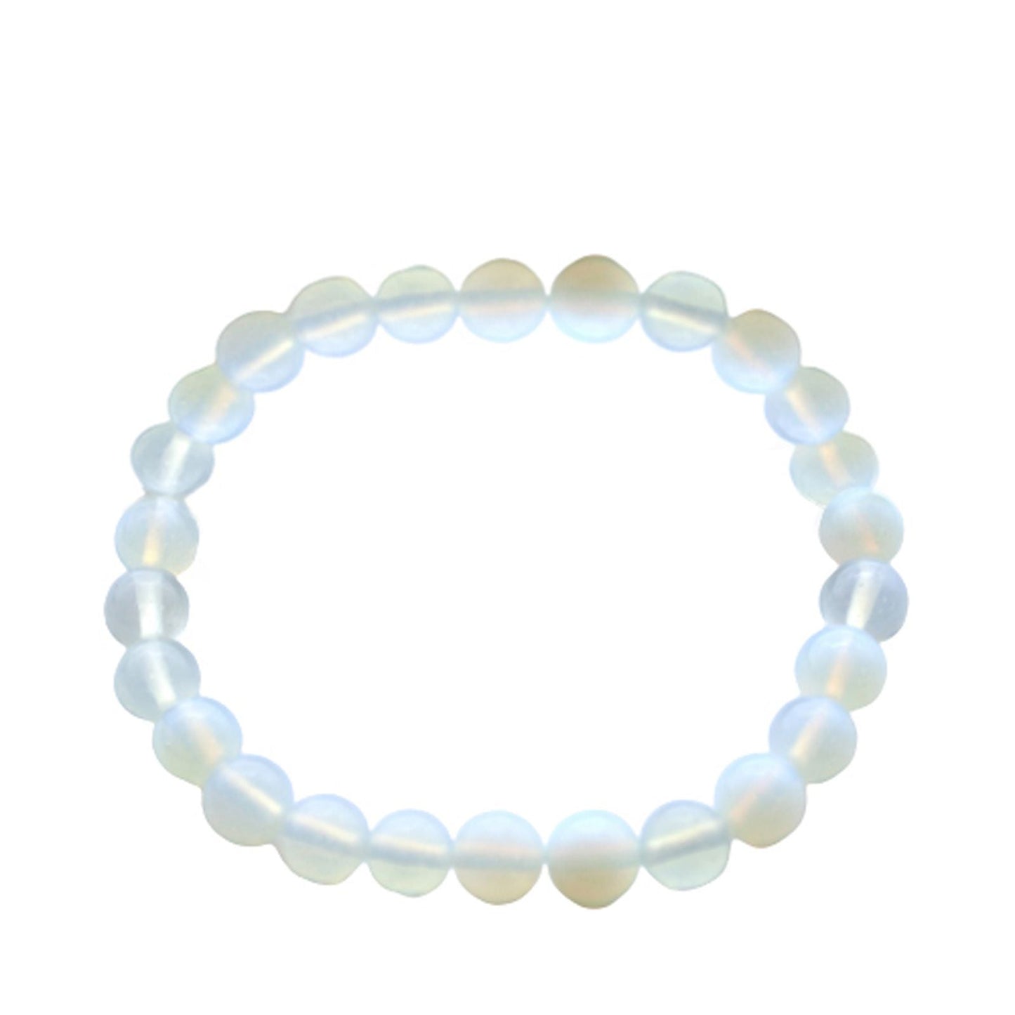 Alt Tag: Power Bracelet - Opalite pulsera elástica de cuentas redondas de opalita iridiscente, hecha a mano, sobre fondo blanco