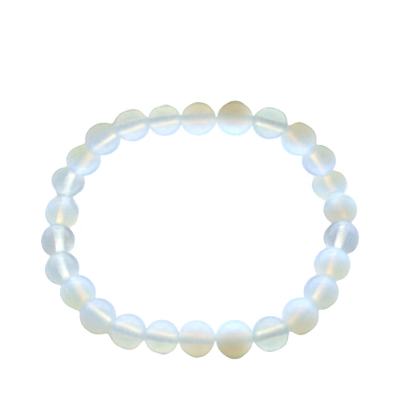 Alt Tag: Power Bracelet - Opalite pulsera elástica de cuentas redondas de opalita iridiscente, hecha a mano, sobre fondo blanco