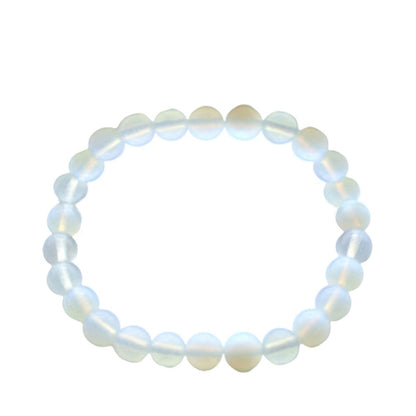 Alt Tag: Power Bracelet - Opalite pulsera elástica de cuentas redondas de opalita iridiscente, hecha a mano, sobre fondo blanco
