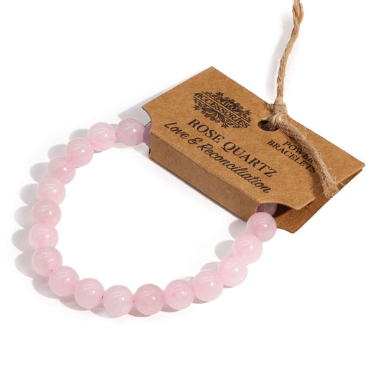 Alt Tag: Power Bracelet - Rose Quartz genuine rose quartz bead bracelet with tag, soft pink gemstone stretch bracelet for love and harmony