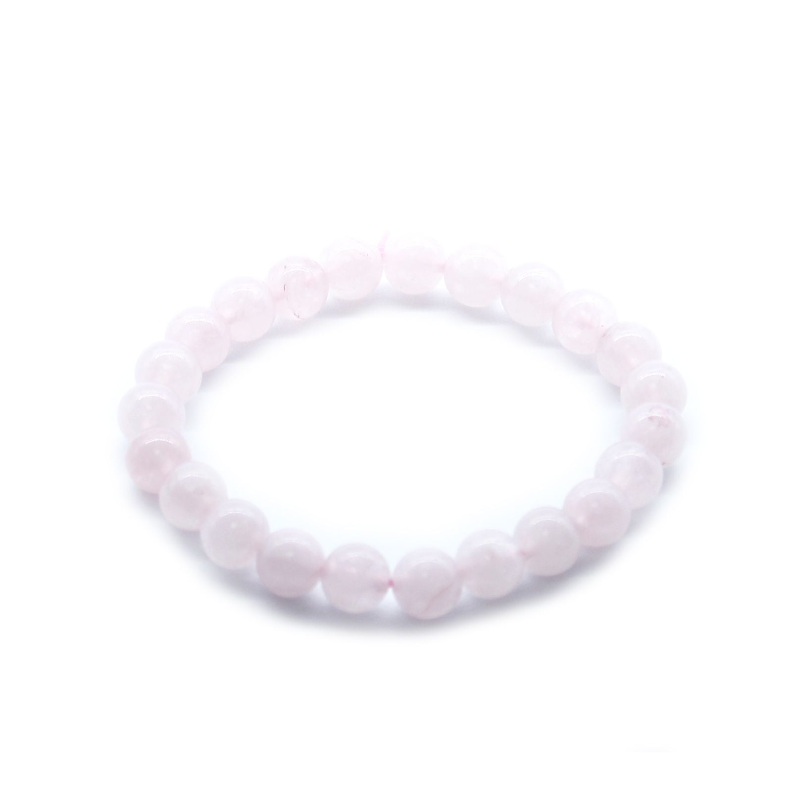 Alt Tag: Power Bracelet - handgjort armband med rosenkvarts, pärlarmband med ädelsten i rosenkvarts, ljusrosa runda pärlor på vit bakgrund