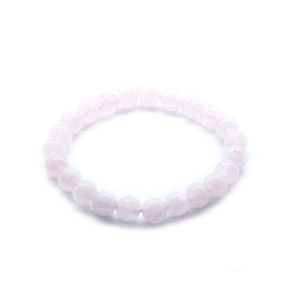 Alt Tag: Power Bracelet - handgjort armband med rosenkvarts, pärlarmband med ädelsten i rosenkvarts, ljusrosa runda pärlor på vit bakgrund