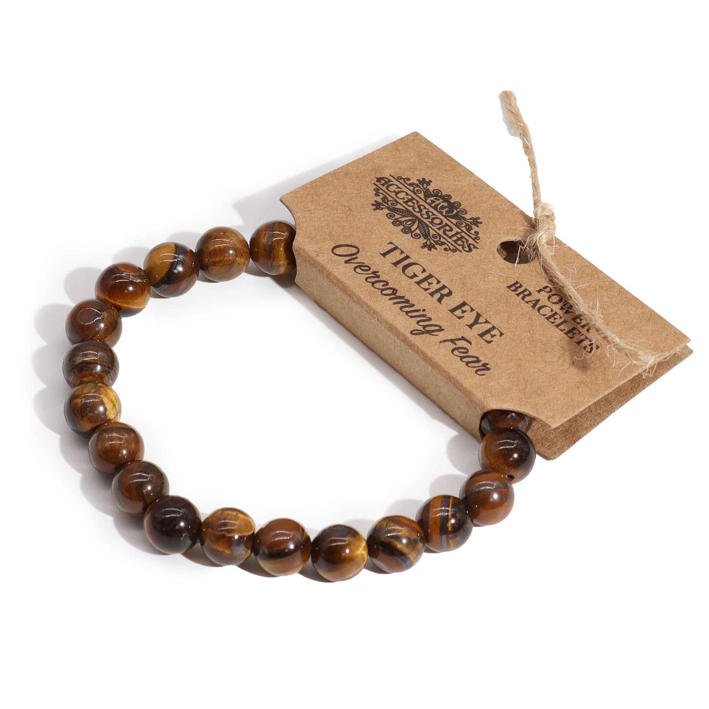 Power Bracelet - Tiger Eye tiger eye gemstone bead bracelet in golden-brown tones with product tag, close-up on white background