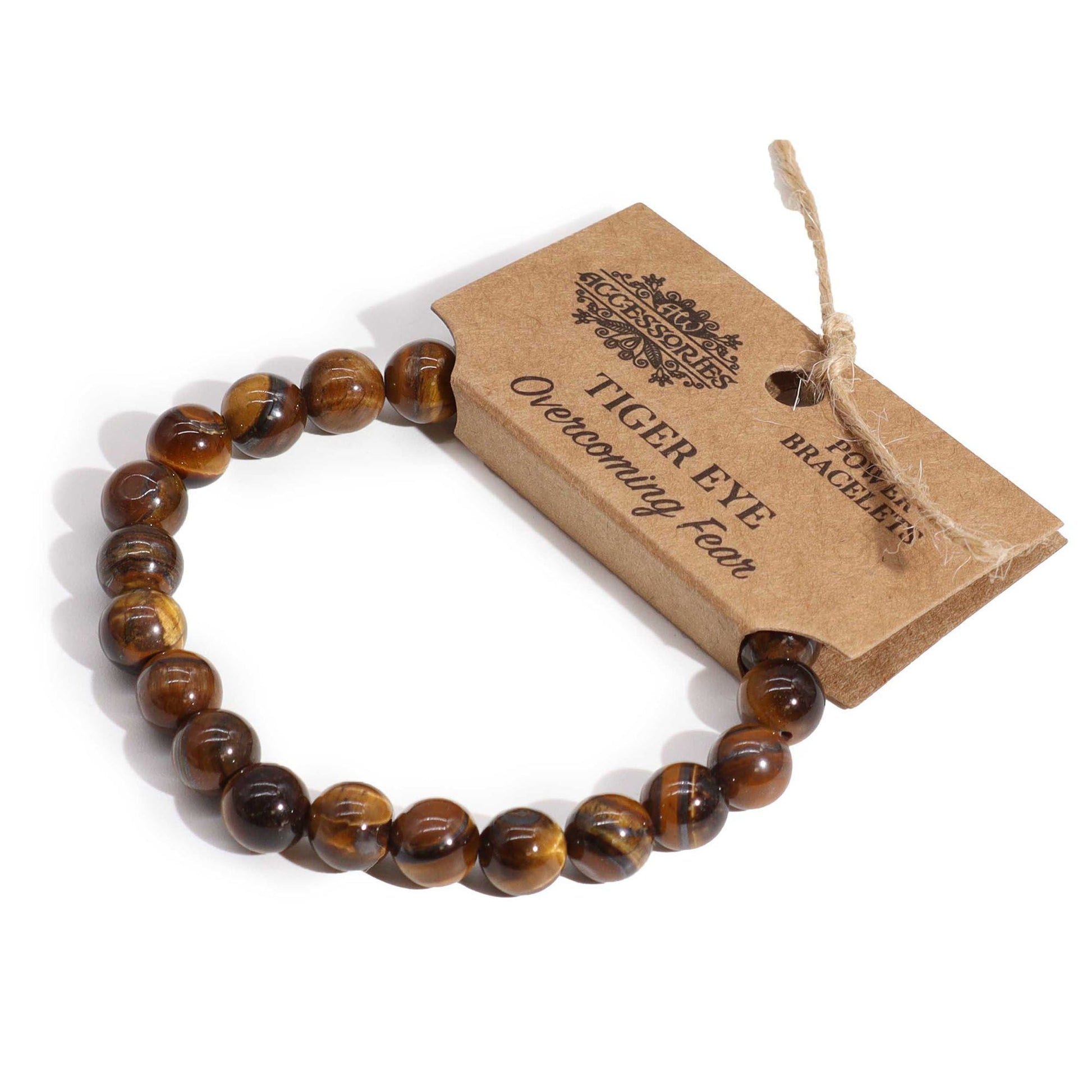 Power Bracelet - Tiger Eye tiger eye gemstone bead bracelet in golden-brown tones with product tag, close-up on white background