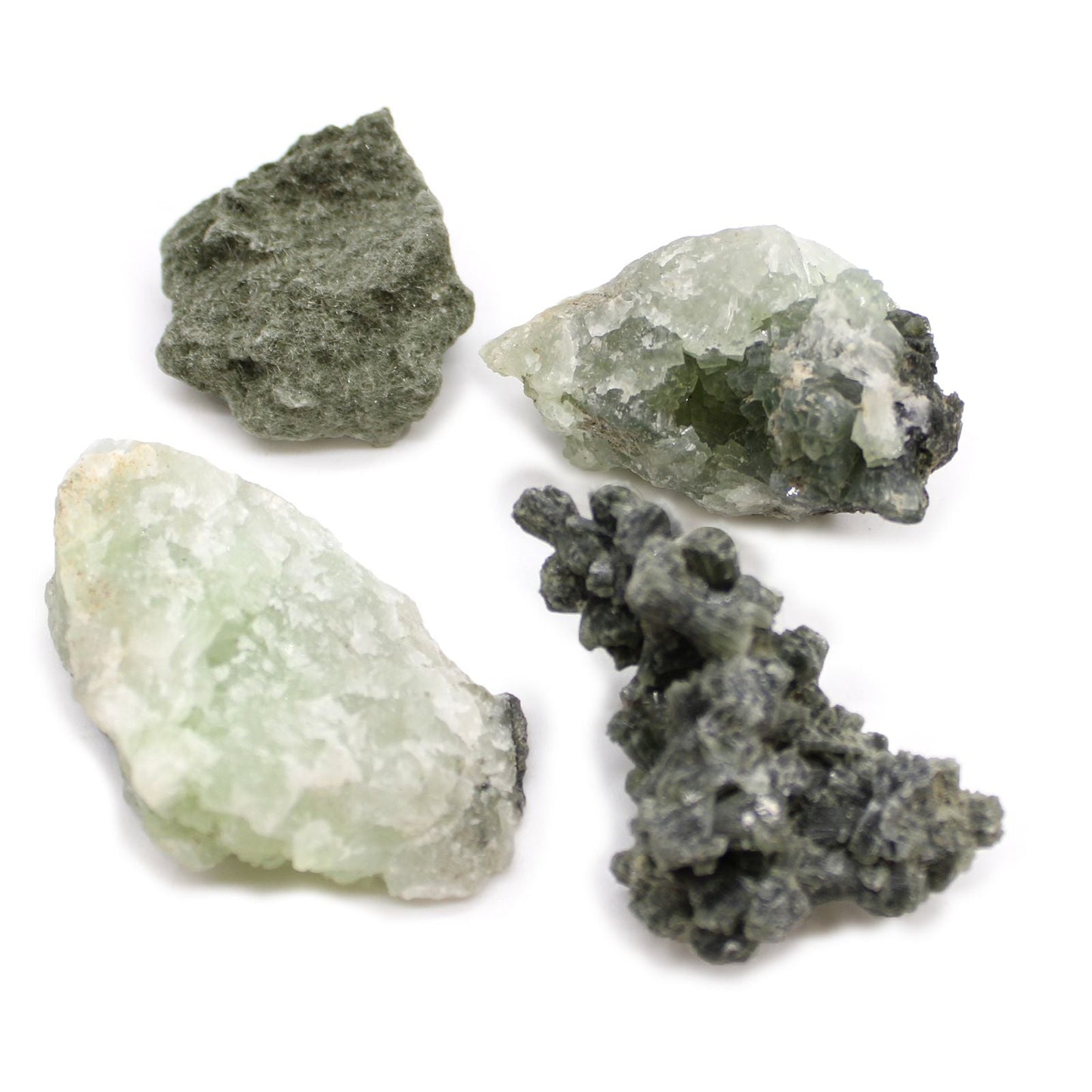 Alt-Tag: Prehnit-Mineralstufen – ca. 100 Stück, grün-gelbe Prehnitkristalle auf Matrix aus Marokko, raue Mineralsammlung