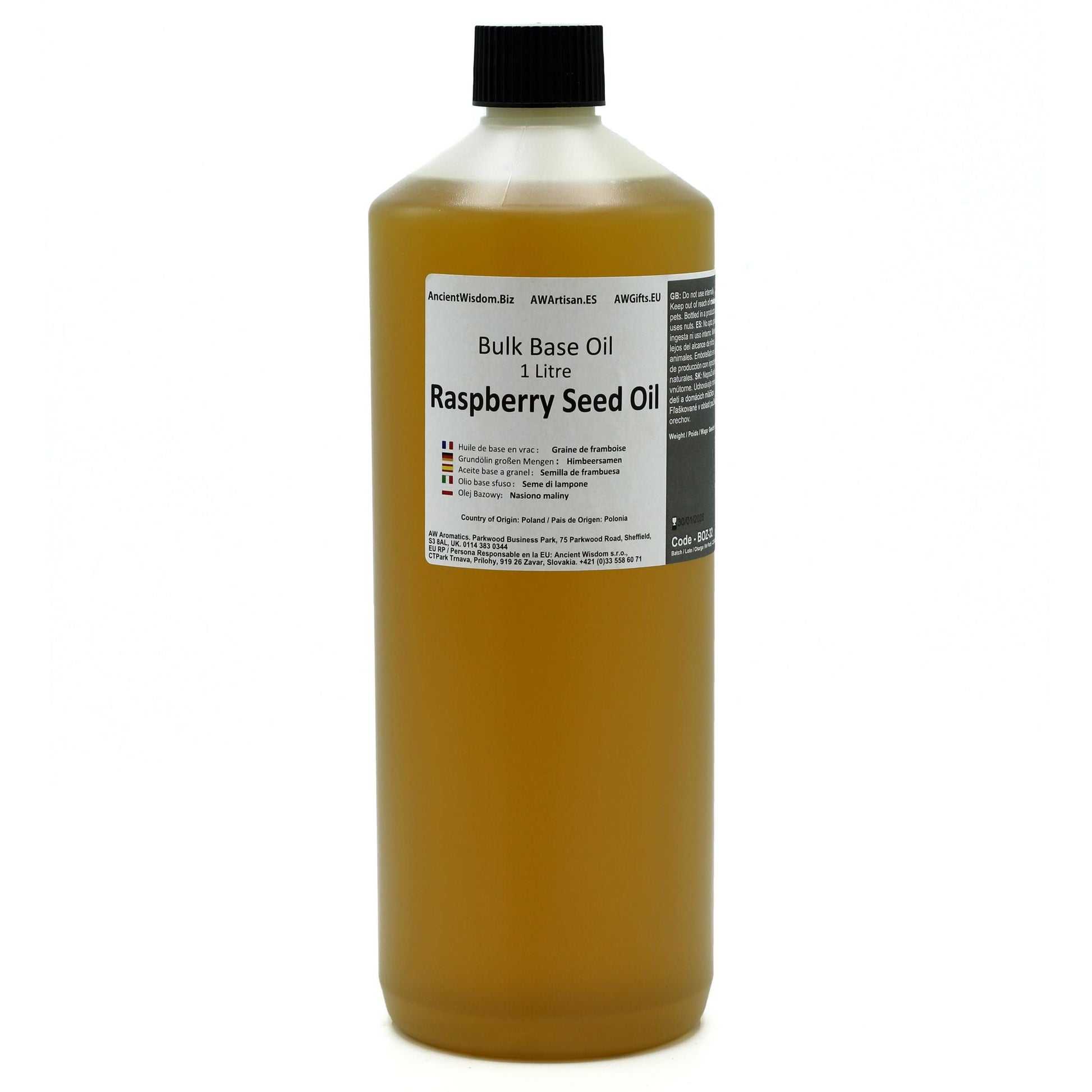 Premium Raspberry Seed Oil – 1 Litre, botella de 1 litro de aceite de semilla de frambuesa (bulk base oil) con etiqueta frontal