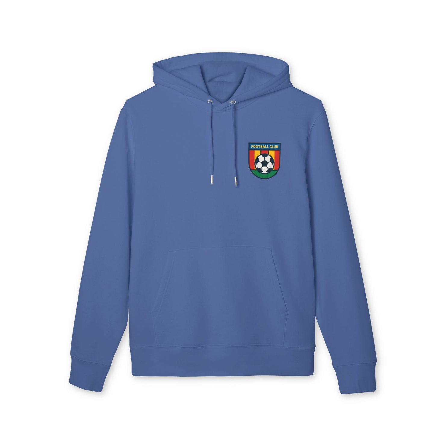 Alt Tag: Sudadera con capucha Premium Unisex para empresas y organizaciones con tu propio logo impreso en el frontal, pullover azul de algodón orgánico con impresión del logo en el pecho delantero