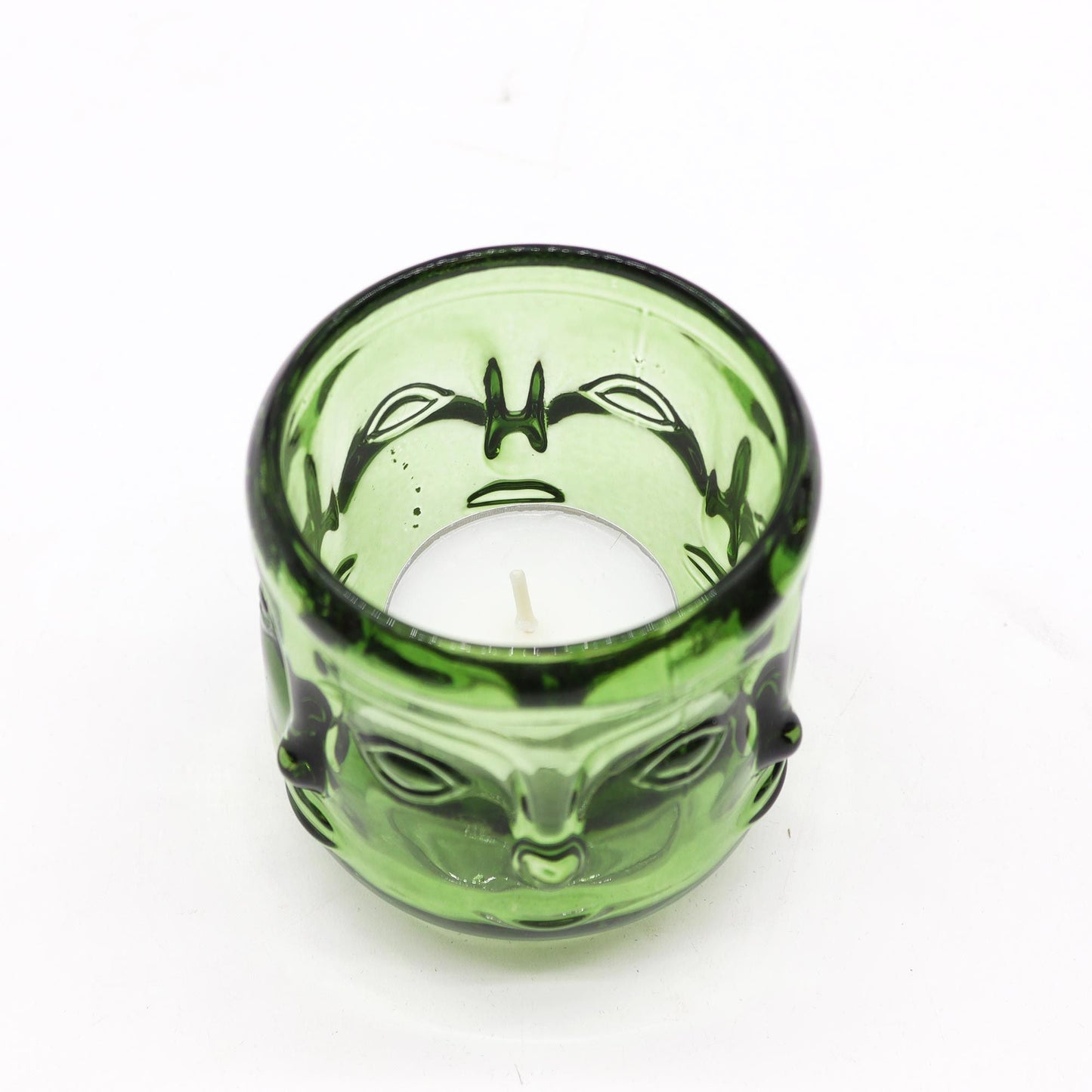 Alt Tag: Pressed Glass Buddha Candle Jars – Set of 2 green pressed glass Buddha face candle jar with tealight holder