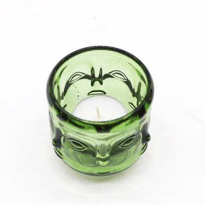 Alt Tag: Pressed Glass Buddha Candle Jars – Set of 2 green pressed glass Buddha face candle jar with tealight holder