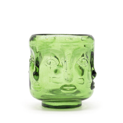 Alt Tag: Pressed Glass Buddha Candle Jars – Set of 2, green pressed glass Buddha face candle jar holder, 6.8 x 7.3 cm