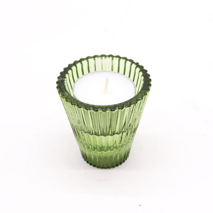 Portavelas de vidrio prensado – Garden Jade, set de 2 portavelas verdes acanalados de vidrio prensado para velas tealight con vela blanca
