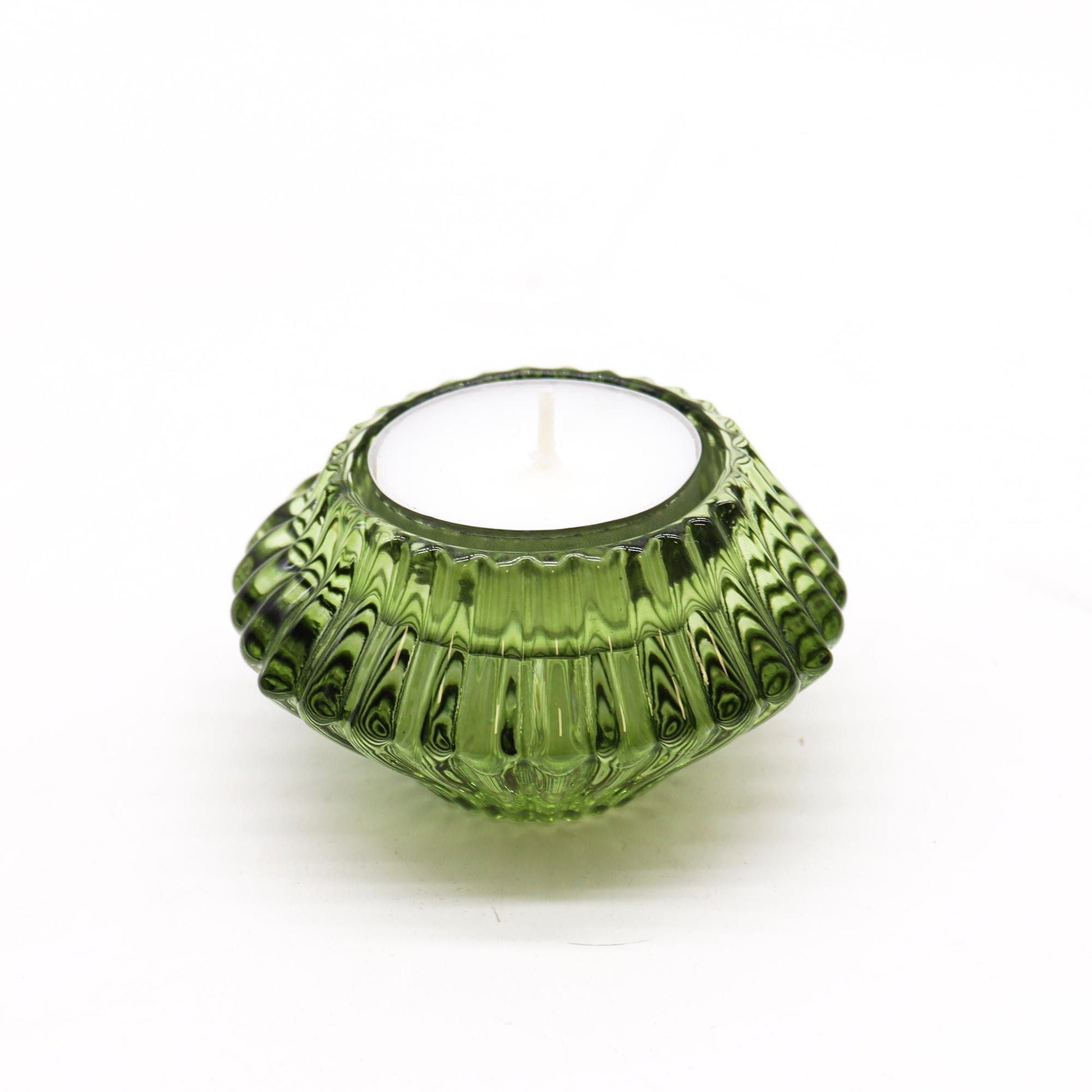 Portavelas de vidrio prensado – portavelas de vidrio prensado verde jade de 7x4 CM con vela tealight, diseño acanalado