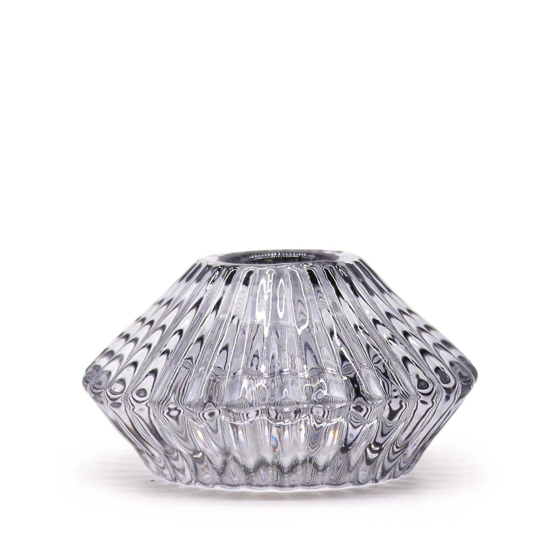 Pressed Glass Candle Holder Set – Midnight Grey pressed glass candle holder, 7x4 cm, faceted ribbed design for tealights or dinner candles