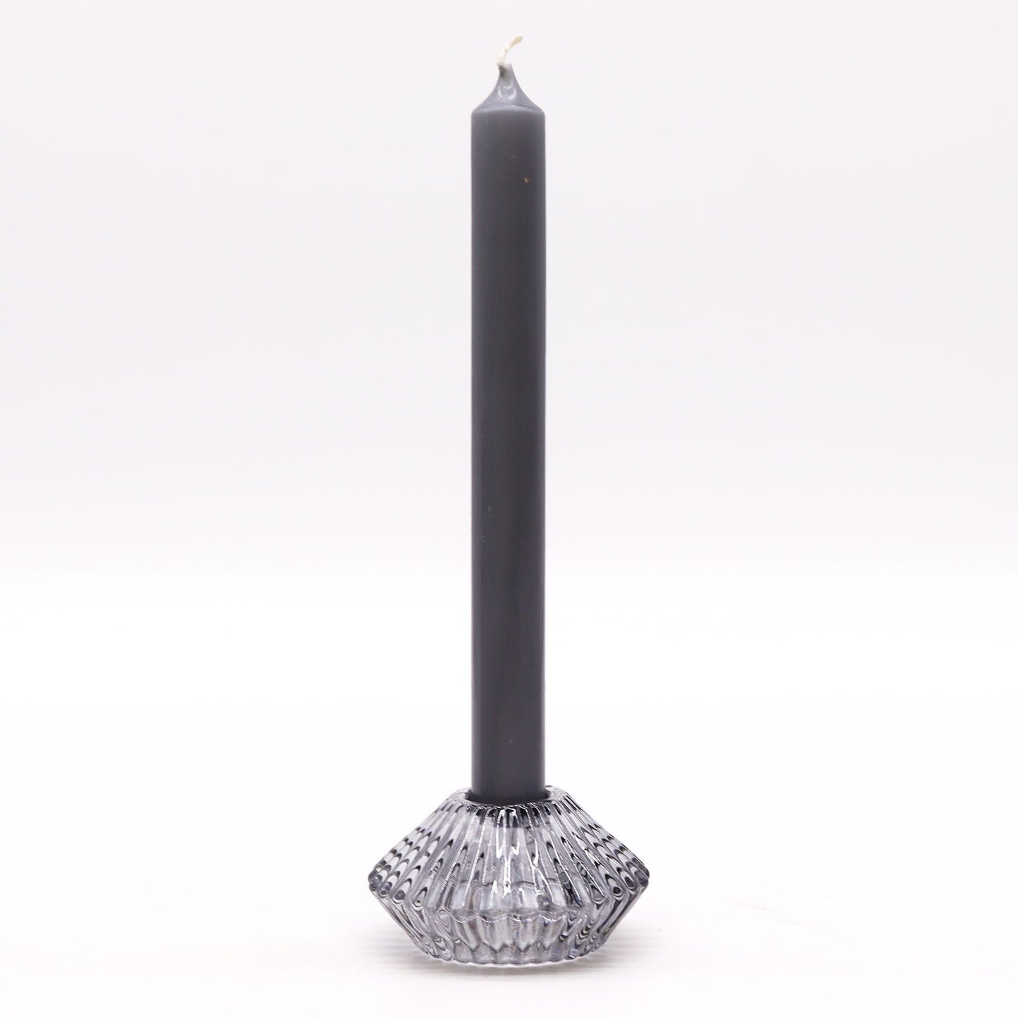 Alt Tag: Pressed Glass Candle Holder Set – Midnight Grey with ribbed pressed glass base holding a grey taper candle