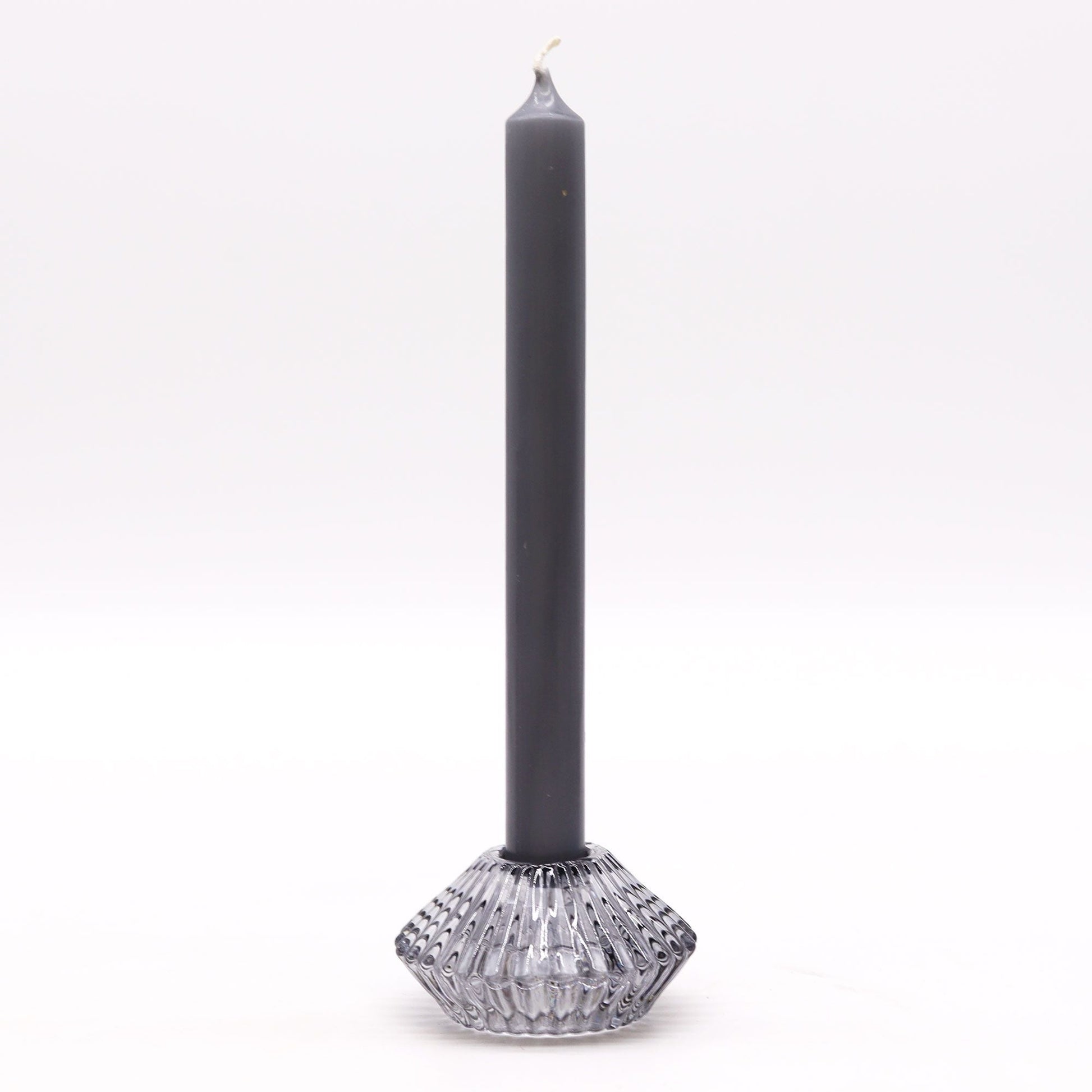 Alt Tag: Pressed Glass Candle Holder Set – Midnight Grey with ribbed pressed glass base holding a grey taper candle