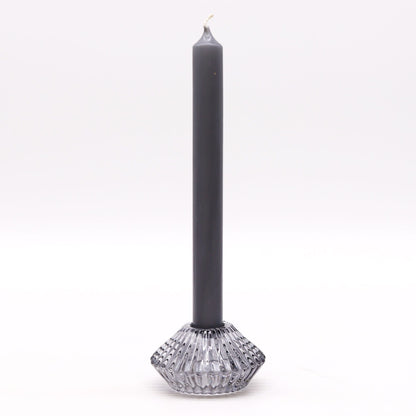 Alt Tag: Pressed Glass Candle Holder Set – Midnight Grey with ribbed pressed glass base holding a grey taper candle