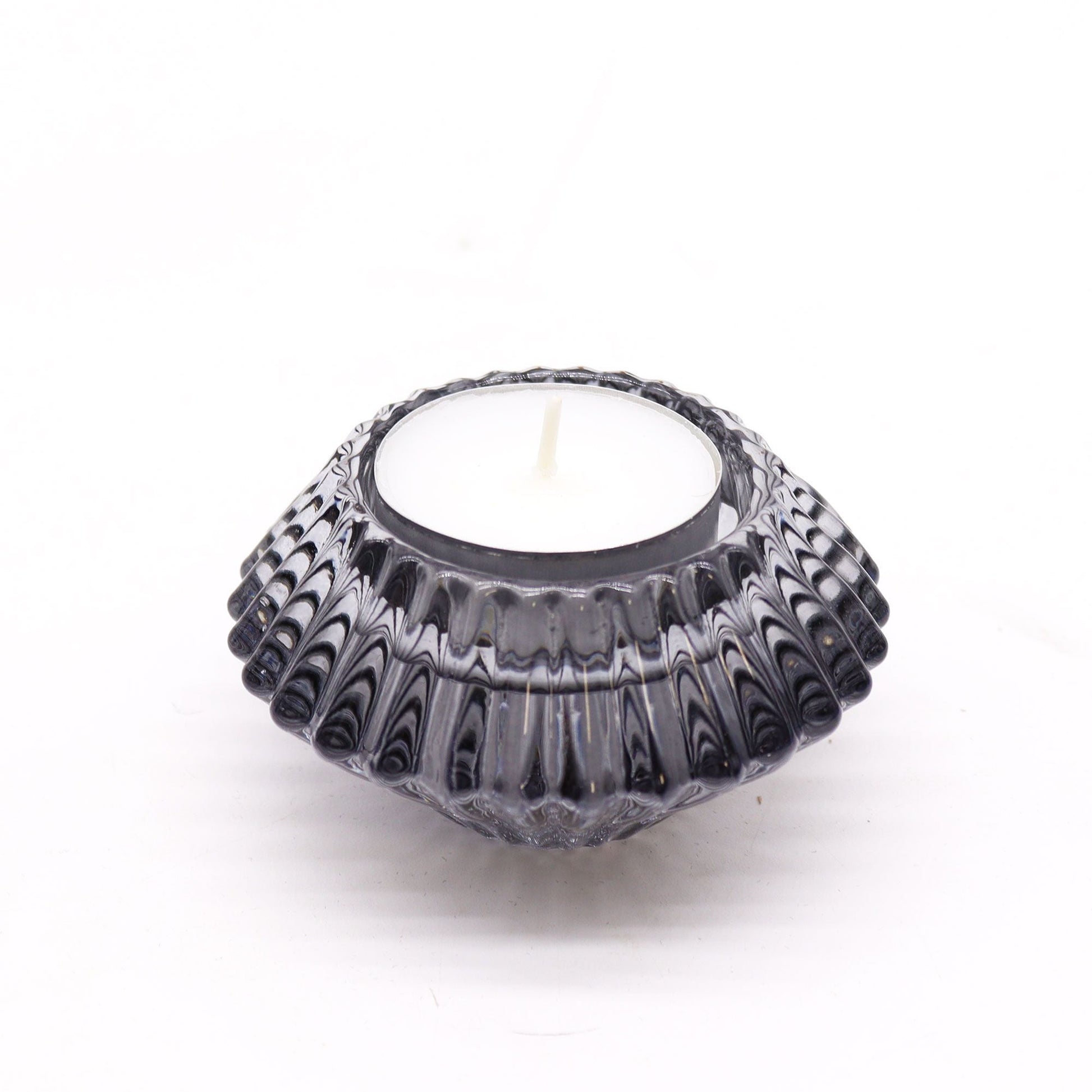 Pressed Glass Candle Holder Set – Midnight Grey pressed glass tealight holder in midnight grey tone, ribbed design
