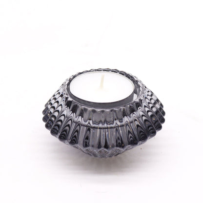 Pressed Glass Candle Holder Set – Midnight Grey pressed glass tealight holder in midnight grey tone, ribbed design