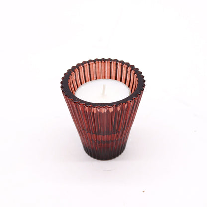 Alt Tag: Pressed Glass Candle Holder Set – Vampire Red pressed glass tealight candle holder in ribbed red glass, 6x6 cm