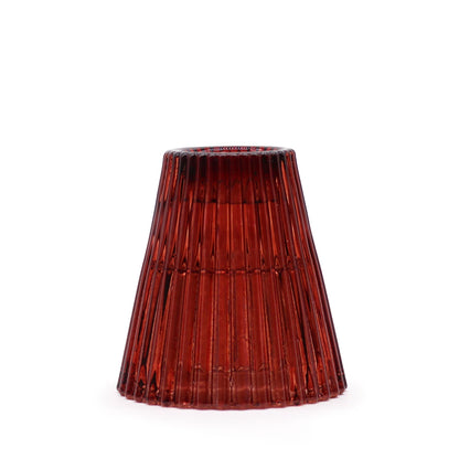 Alt Tag: Pressed Glass Candle Holder Set – Vampire Red pressed glass tealight holder in red, ribbed design, 6x6 cm