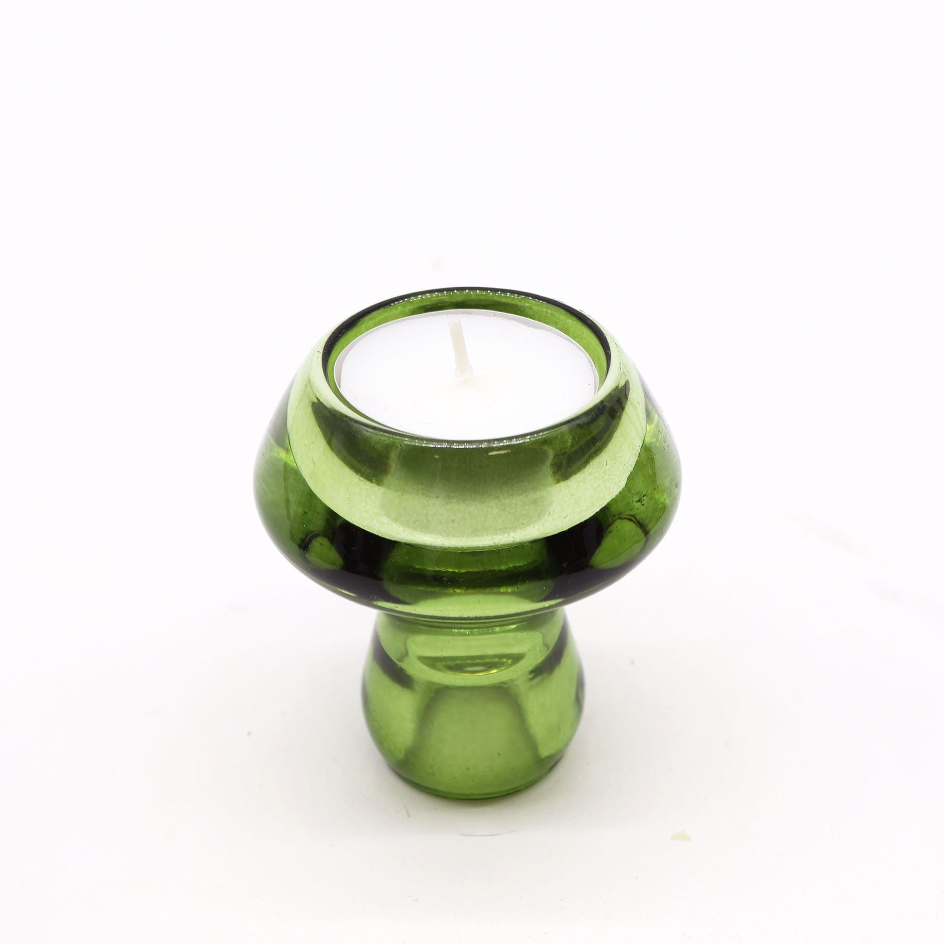 Alt Tag: Pressed Glass Mushroom Flip Candle Holders – Set of 2, green pressed glass mushroom flip holder with white candle