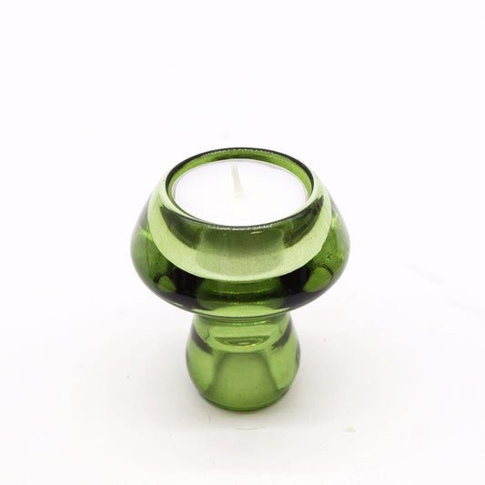 Alt Tag: Pressed Glass Mushroom Flip Candle Holders – Set of 2, green pressed glass mushroom flip holder with white candle