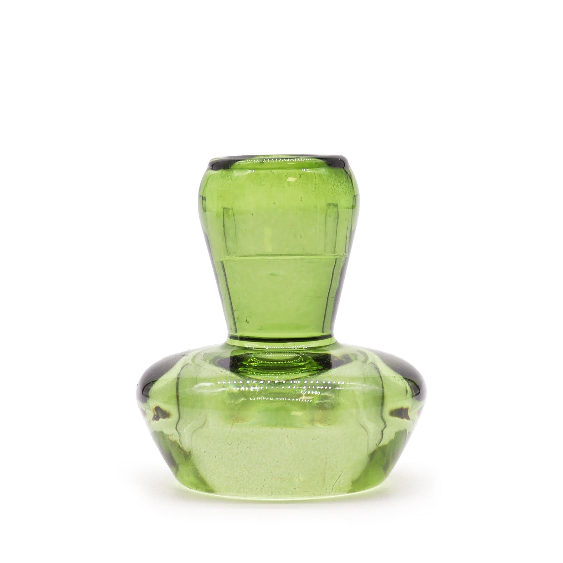 Alt Tag: Pressed Glass Mushroom Flip Candle Holders – Set of 2, green pressed glass flip candle holder, compact mushroom-shaped decor