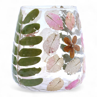 Portavelas de vidrio reciclado – 12x11 CM con hojas y flores prensadas, portavelas decorativo de vidrio transparente