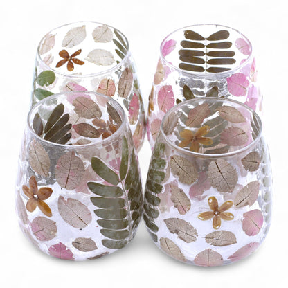 Portavelas de vidrio reciclado – 12x11 CM, portavelas de vidrio reciclado con diseño de hojas y flores prensadas