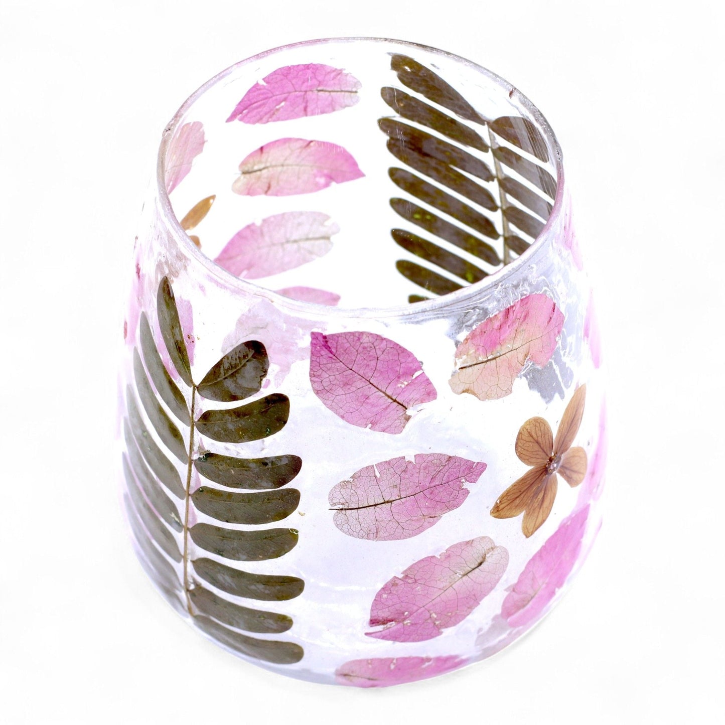 Portavelas de vidrio reciclado – 12x11 CM con hojas y flores prensadas, decoración de portavelas tipo votiva en vidrio reciclado transparente