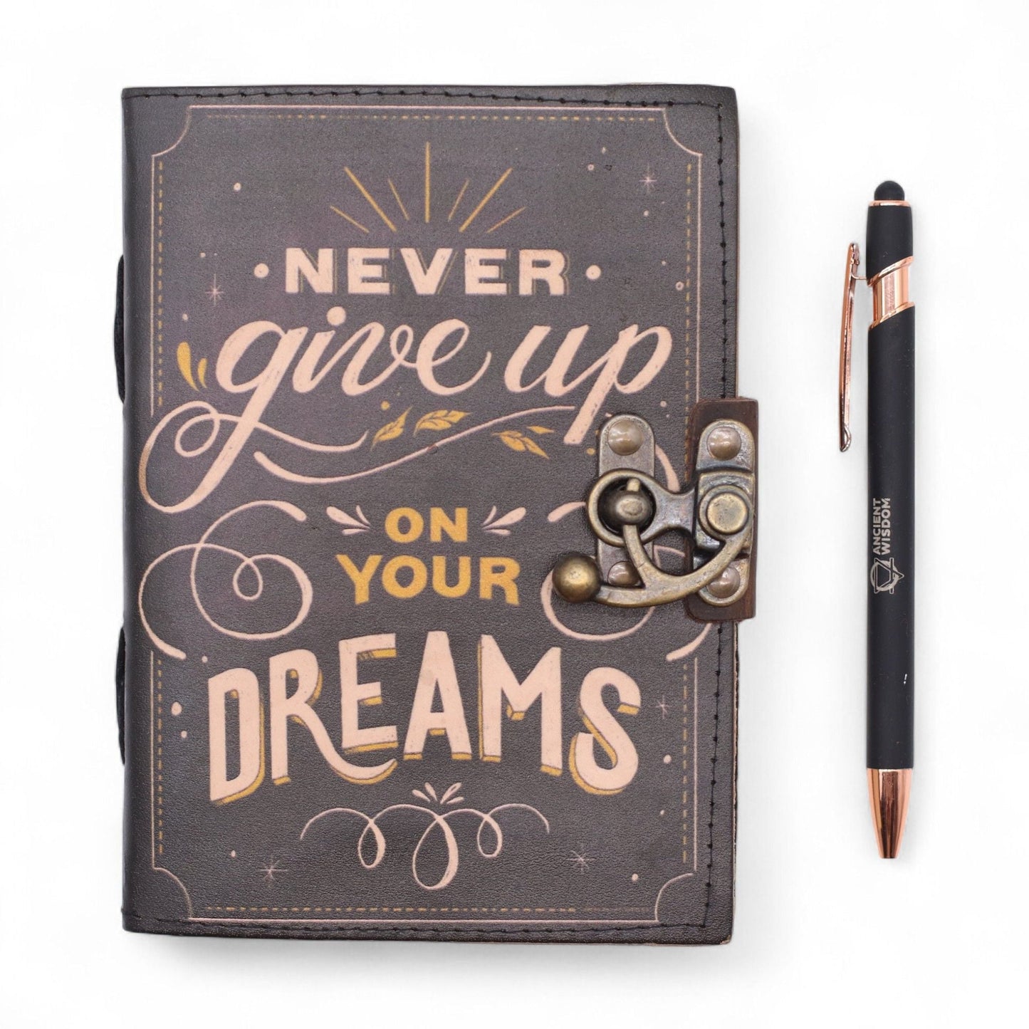 Printed Leather Notebook – 17.8 × 12.7 CM Never Give Up On Your Dreams, leather cover with clasp and inspirational print