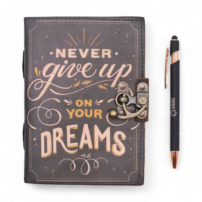 Printed Leather Notebook – 17.8 × 12.7 CM Never Give Up On Your Dreams, leather cover with clasp and inspirational print