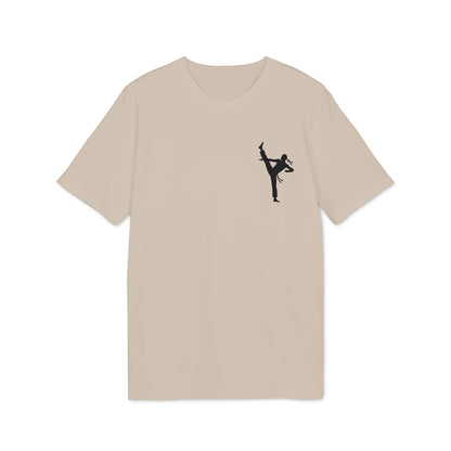 Alt Tag: Professional Karate 100% Organic Cotton T-Shirt beige crewneck tee with black karate kick silhouette graphic
