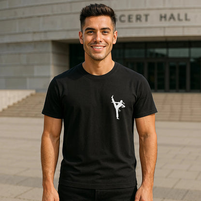 Professional Karate 100% Organic Cotton T-Shirt on model wearing black tee with karate kick silhouette, crew neck, short sleeves