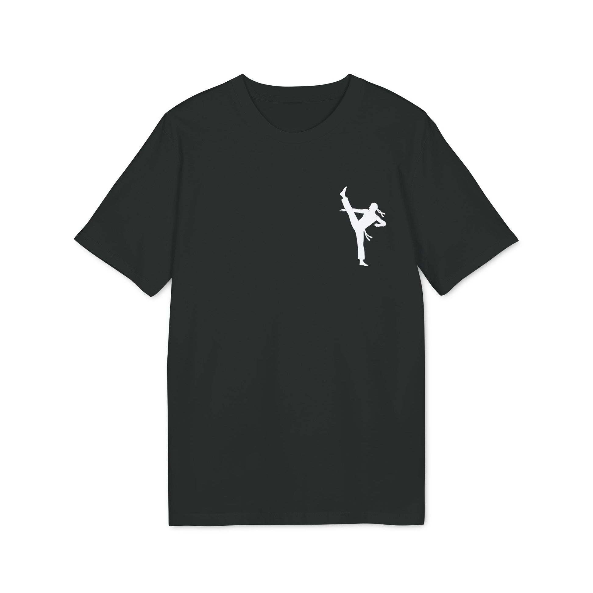 Alt Tag: Professional Karate 100% Organic Cotton T-Shirt black tee with white karate kick silhouette graphic on chest