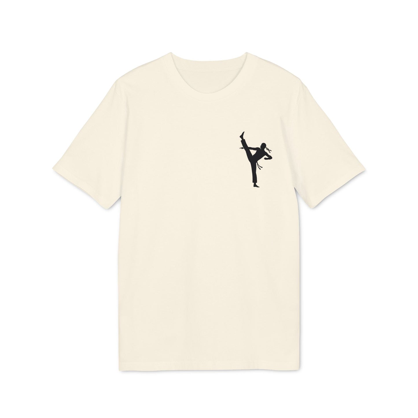 Alt Tag: Professional Karate 100% Organic Cotton T-Shirt, cream tee with black karate kick silhouette graphic on chest