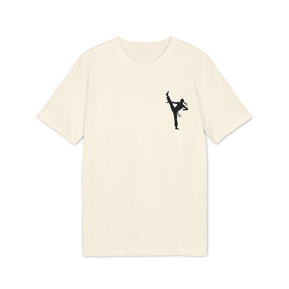 Alt Tag: Professional Karate 100% Organic Cotton T-Shirt, cream tee with black karate kick silhouette graphic on chest