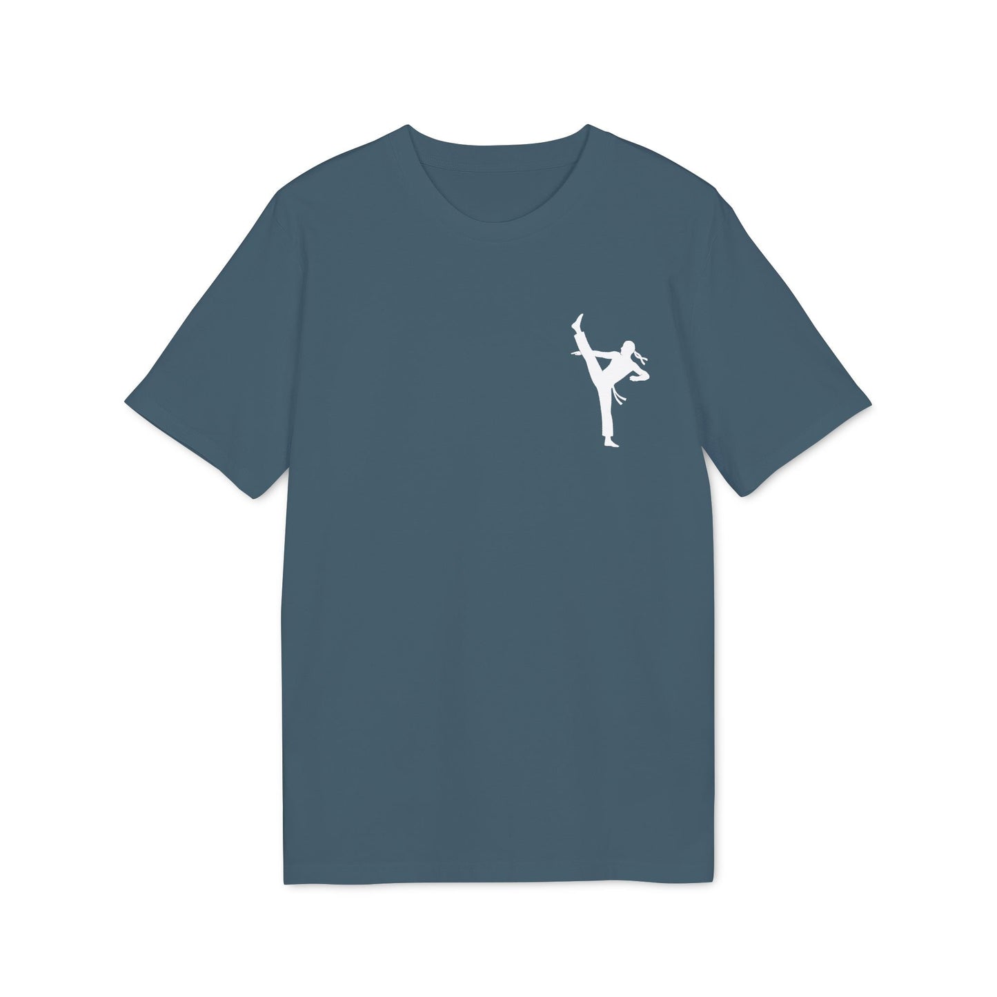 Professional Karate 100% Organic Cotton T-Shirt in blue with small white karate high kick graphic on chest