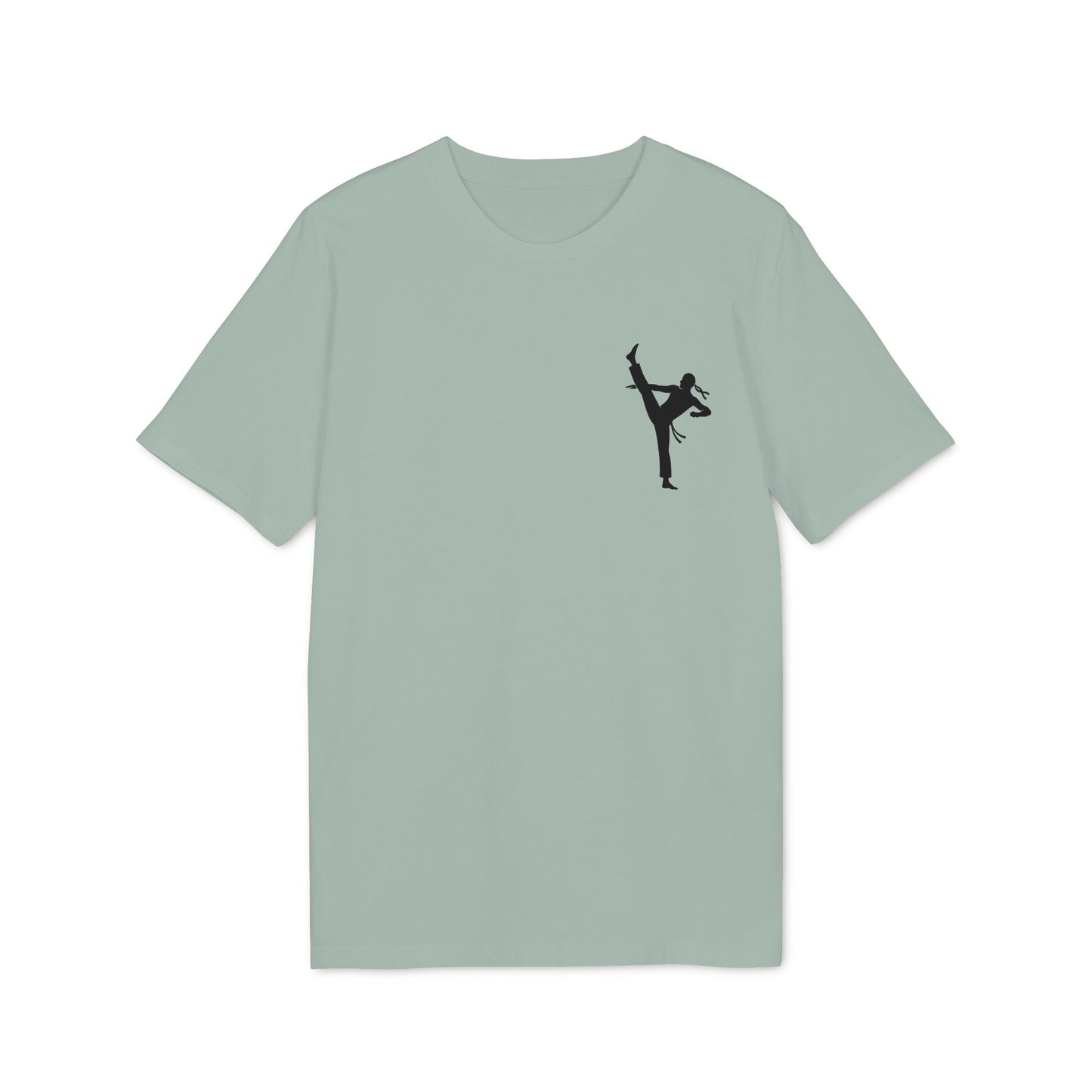 Alt Tag: Professional Karate 100% Organic Cotton T-Shirt in sage green with small karate kick silhouette graphic on chest