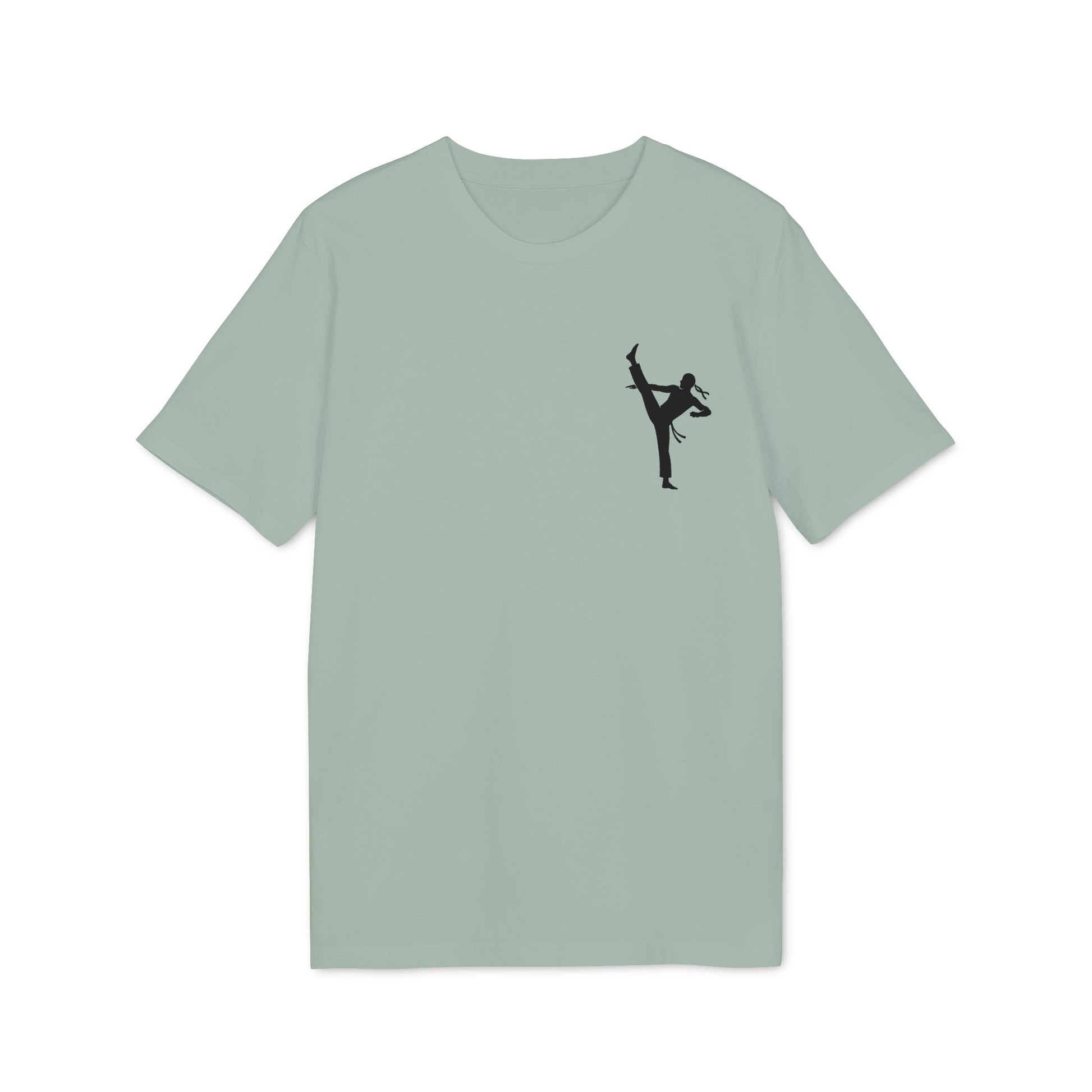 Alt Tag: Professional Karate 100% Organic Cotton T-Shirt in sage green with small karate kick silhouette graphic on chest