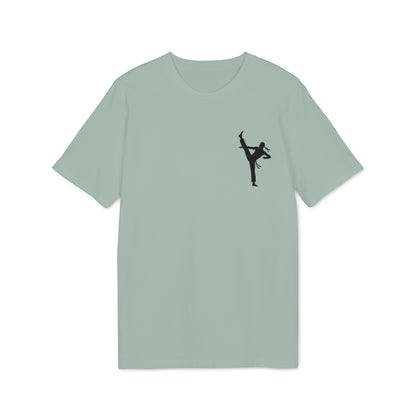 Alt Tag: Professional Karate 100% Organic Cotton T-Shirt in sage green with small karate kick silhouette graphic on chest