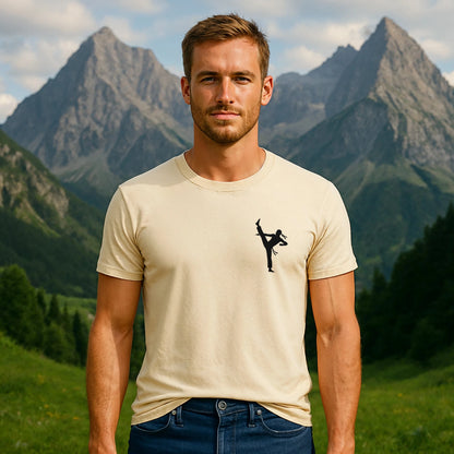 Alt Tag: Professional Karate 100% Organic Cotton T-Shirt en color beige con silueta de karate, usado por un hombre al aire libre con montañas